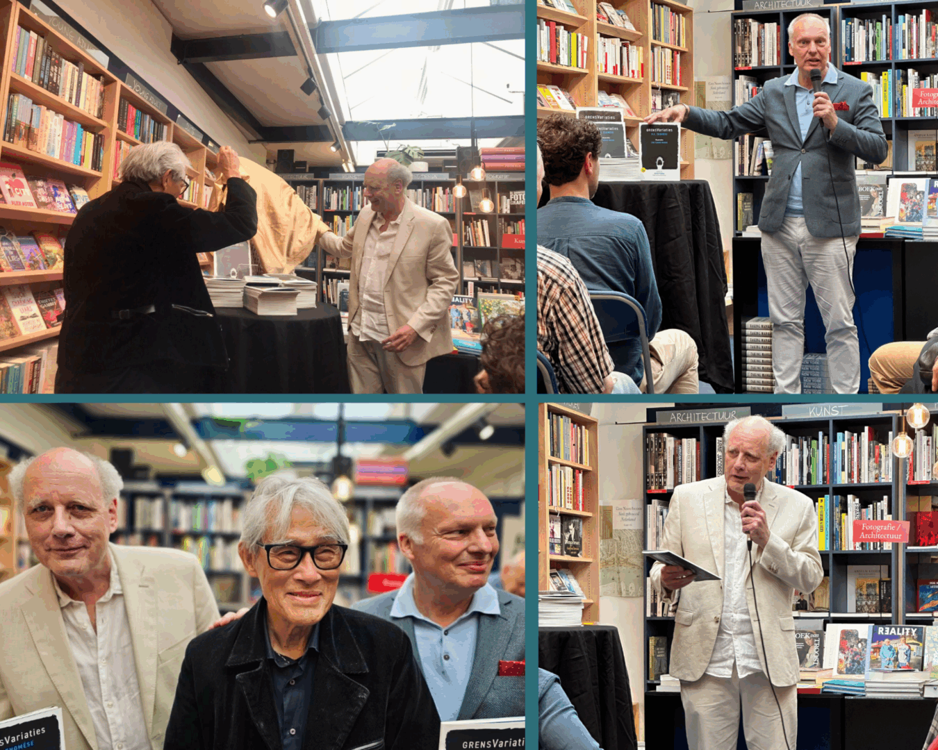Collage van de boekpresentatie Grensvariaties in Haarlem: auteur P.F. Thomése aan het woord, muzikanten van het New European Ensemble en illustraties van Thé Tjong-Khing.